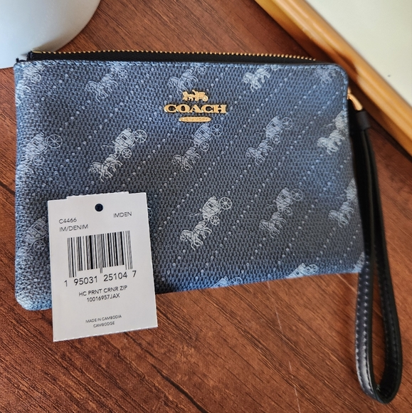 COACH Corner Zip Wristlet With Horse And Carriage Dot Print COLOR:Gold/Denim - Picture 3 of 9